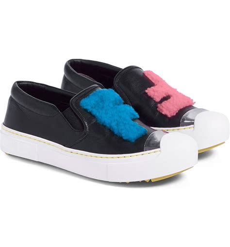 fendi leather slip on sneakers|fendi shearling trimmed sneakers.